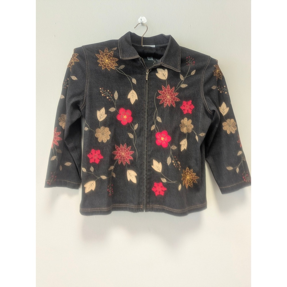 Graff Wear Womens PL Black Denim Jacket Floral Embroidered Zip Boho Petite Coat